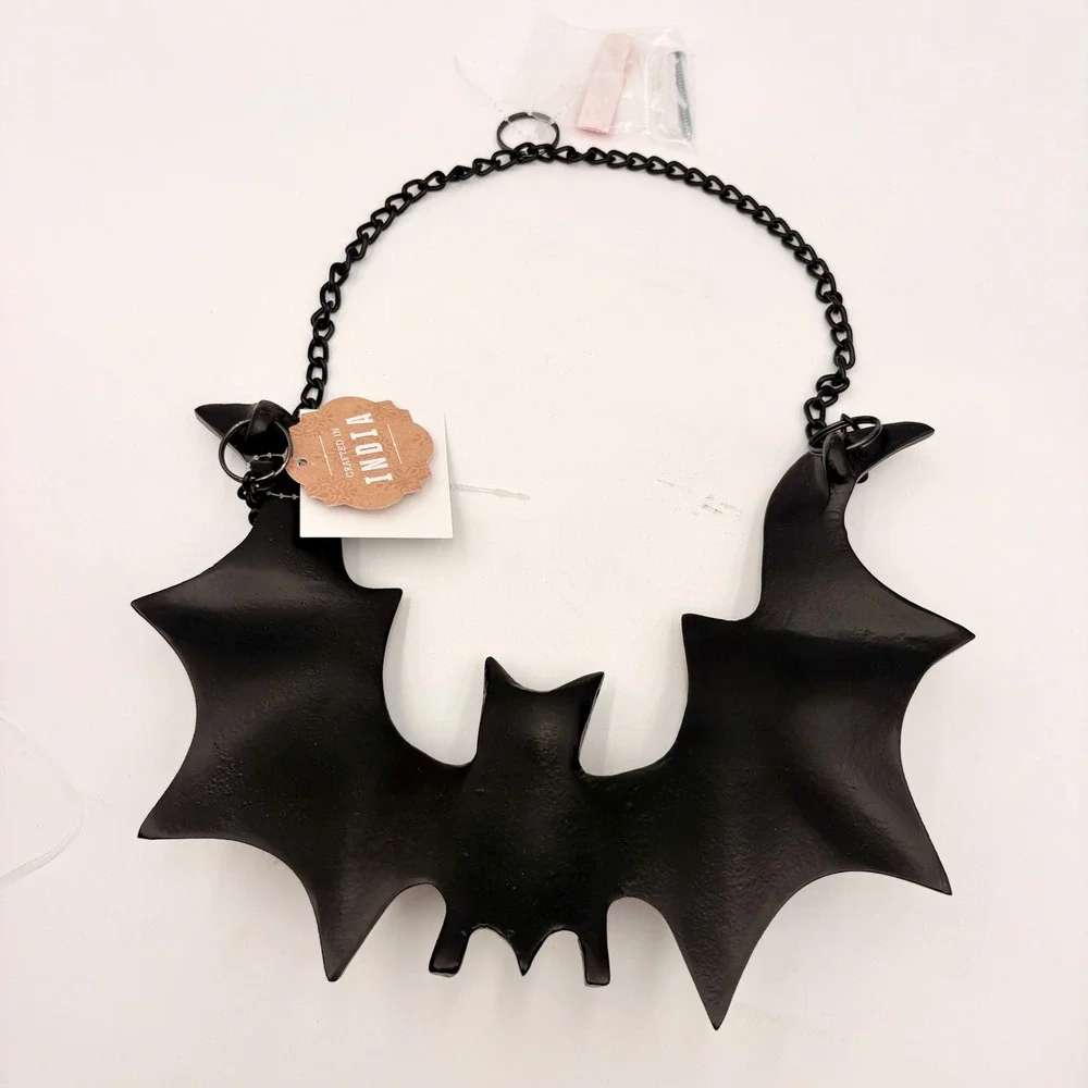 Black Cast Iron Bat Wall Hanging Gothic Halloween Decor with Chain New
